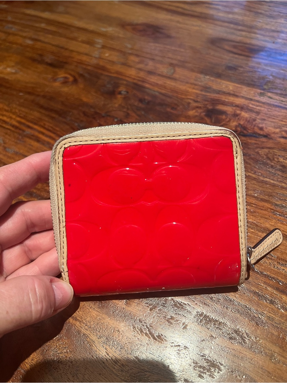 Coach Red Patent Compact Wallet with Beige Trim - Picture 4 of 13